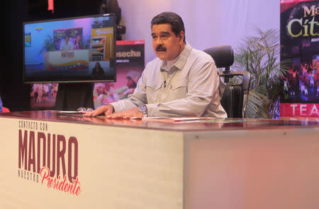 Venezuela's President Nicolas Maduro speaks during his weekly broadcast "En contacto con Maduro" (In contact with Maduro) in Caracas, Venezuela September 20, 2016. Miraflores Palace/Handout via REUTERS