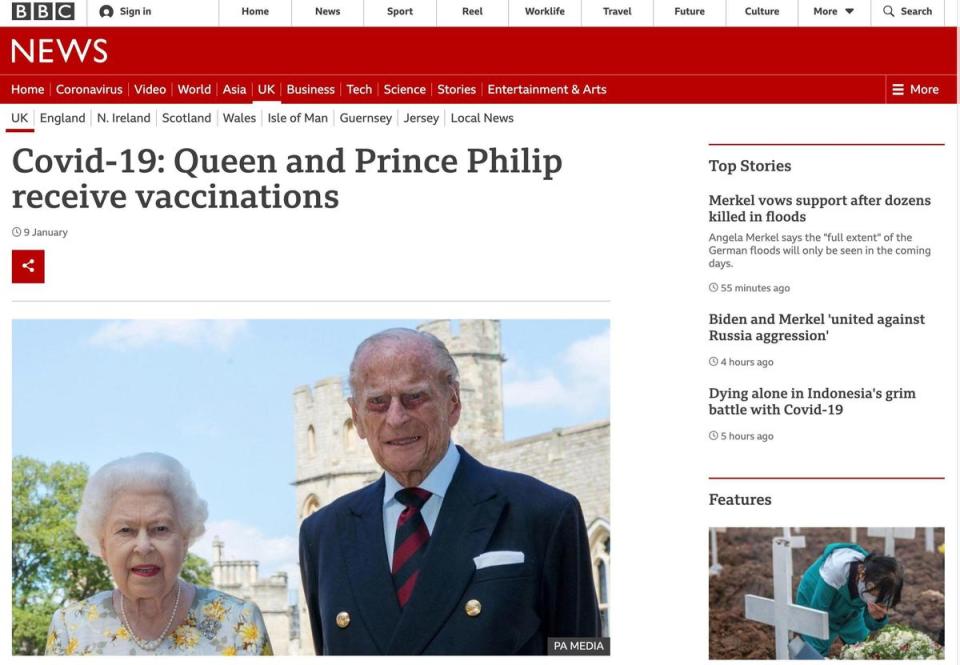 BBC今年1月9日報導，英國女王與菲利浦親王接種新冠疫苗。（翻攝BBC官網）