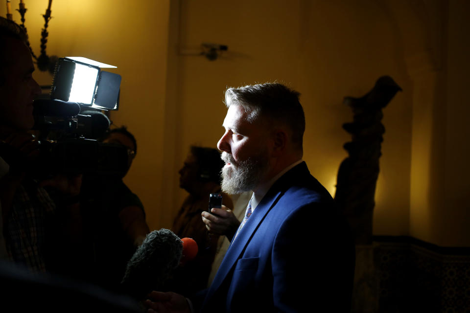 Member of the U. S. House Representatives from Arkansas Rick Crawford speaks to reporters during a U.S. - Cuba Agriculture Coalition press conference at the Hotel Nacional in Havana, Cuba, Thursday, Nov. 8, 2018. Entrepreneurs from the United States’ agricultural sector have arrived in Cuba to promote business between the two countries. (AP Photo/Desmond Boylan)