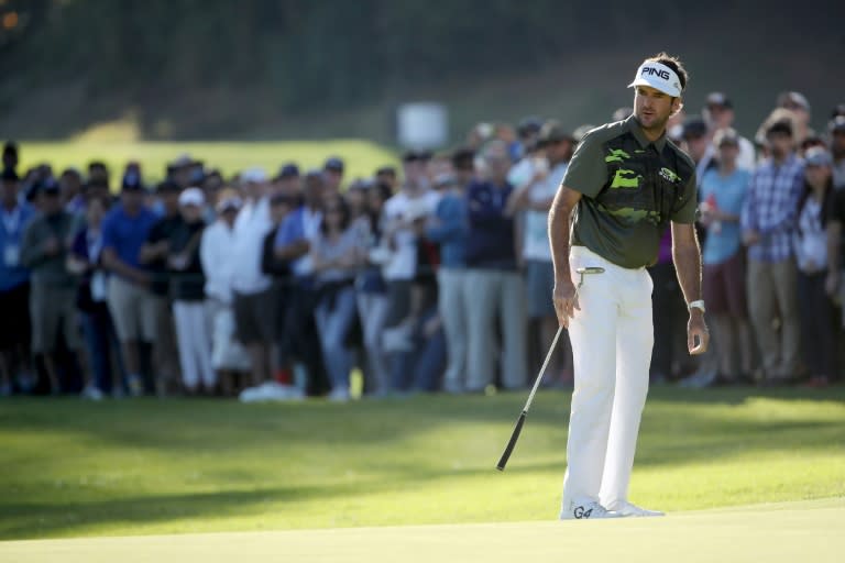 Bubba Watson putts on the 17th green during the third round of the Genesis Open at Riviera Country Club