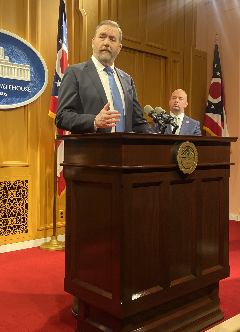 Ohio Attorney General Dave Yost, center, talks about reviving the death penalty in Ohio with a new method. Rep. Brian Stewart, R-Ashville, right, is a co-sponsor of the bill.