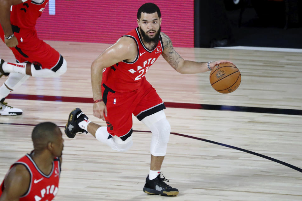 Toronto Raptors guard Fred VanVleet (23) dribbles up the court against the Brooklyn Nets during the first half of Game 3 of an NBA basketball first-round playoff series, Friday, Aug. 21, 2020, in Lake Buena Vista, Fla. (Kim Klement/Pool Photo via AP)