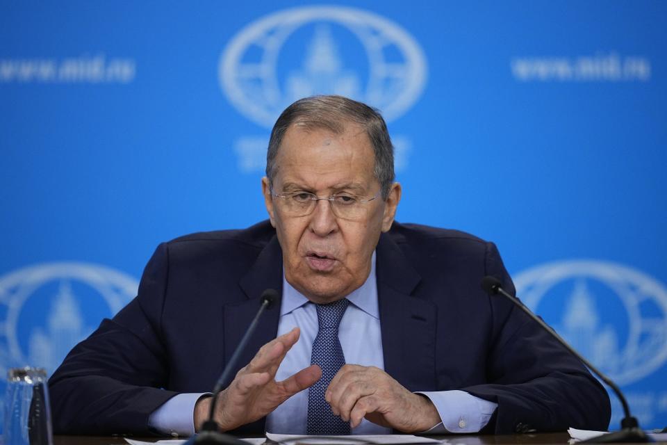 Russian Foreign Minister Sergey Lavrov gestures while speaking at his annual news conference in Moscow, Russia, on Thursday, Jan. 18, 2024. (AP Photo/Alexander Zemlianichenko)