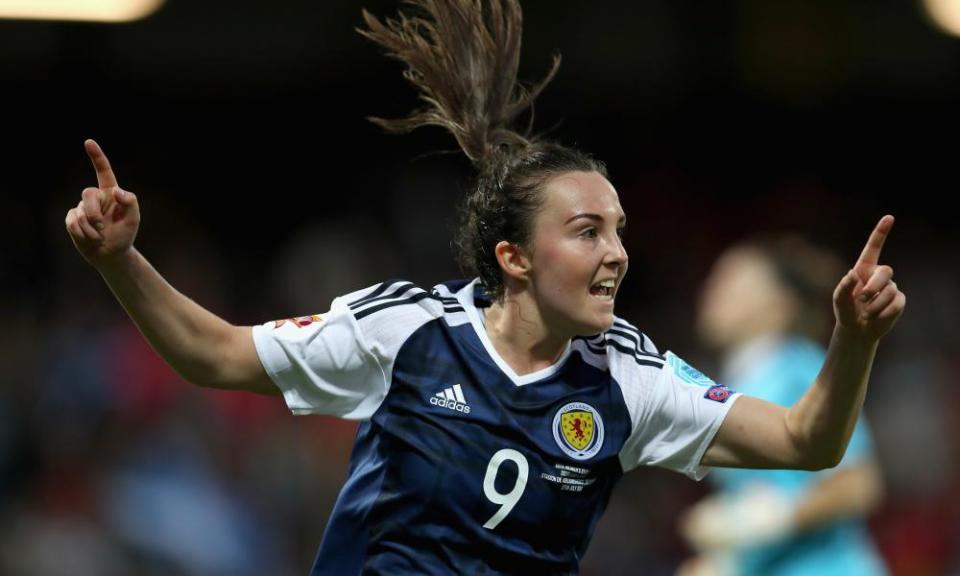 Caroline Weir of Scotland celebrates scoring her first goal against Spain in the 2017 European Championship.