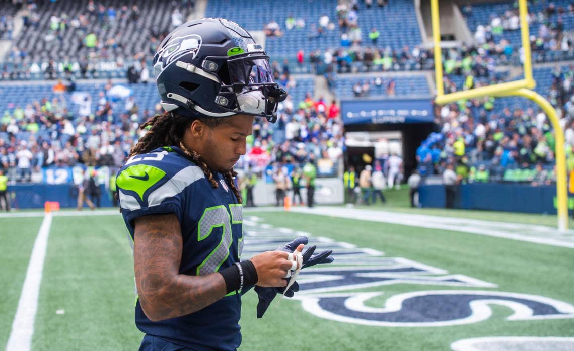 Seahawks cornerback Sidney Jones IV exits the field after the Seattle Seahawks lost to the Tennessee Titans, 33-30, in an NFL football game at Lumen Field in Seattle, Wash., on Sunday, Sept. 19, 2021.