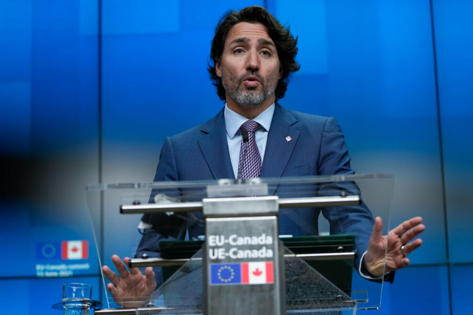 Canada's Prime Minister Justin Trudeau speaks during a media conference at the end of an EU-Canada summit at the European Council building in Brussels, Tuesday, June 15, 2021. 