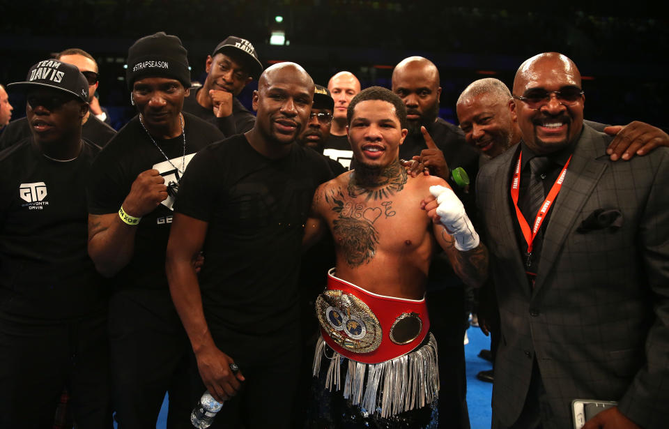 LONDON, ENGLAND - MAY 20:  Gervonta Davis of The United States celebrates with Floyd Mayweather following victory against Liam Walsh of England in the IBF World Junior Lightweight Championship match at Copper Box Arena on May 20, 2017 in London, England.  (Photo by Alex Pantling/Getty Images)