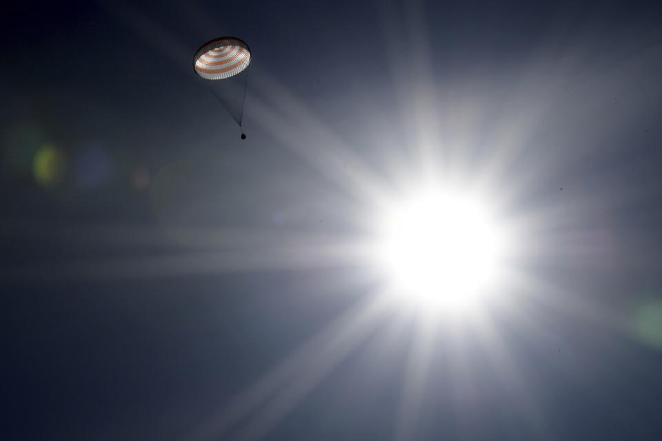 Soyuz MS-02 space capsule in the sky