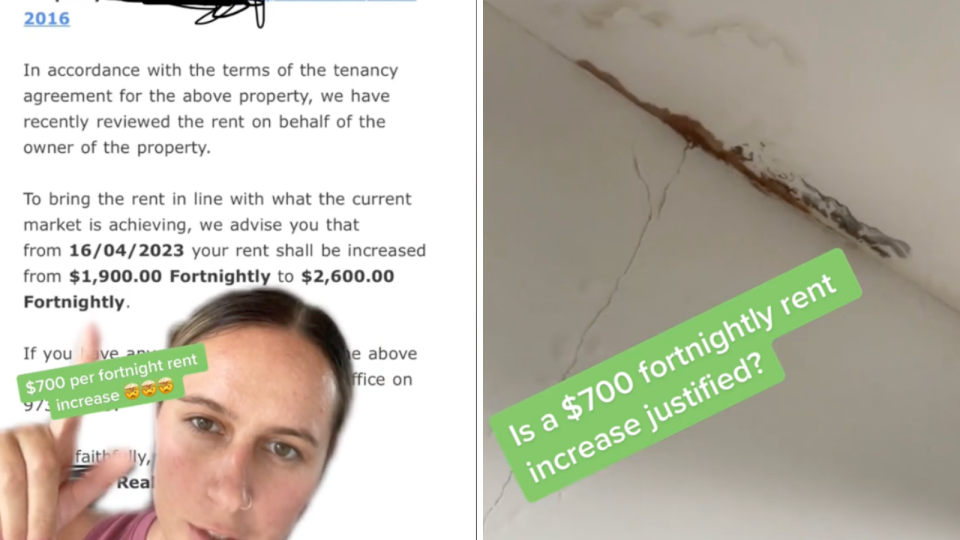 A composite image of two stills from the TikTok video. one showing the rental increase letter from the real estate agent and the other showing water and mould damage to the apartment.