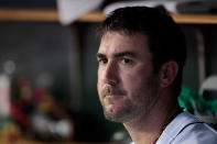 DETROIT, MI - MAY 18: Justin Verlander #35 of the Detroit Tigers watches the action from the dugout in the sixth inning during the game against the Pittsburgh Pirates at Comerica Park on May 18, 2012 in Detroit, Michigan. (Photo by Leon Halip/Getty Images)