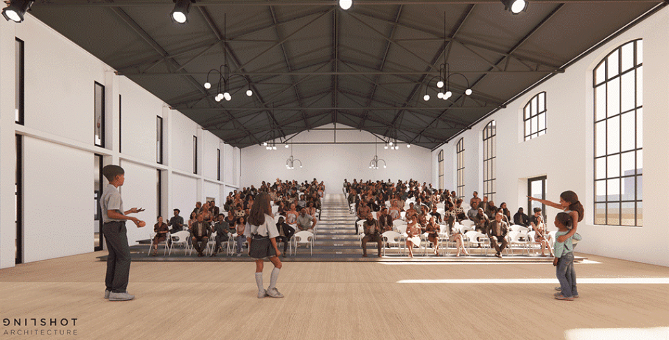 A rendering of Des Moines Performing Arts' proposed education center inside the Argonne Armory, 602 Robert D. Ray Drive.