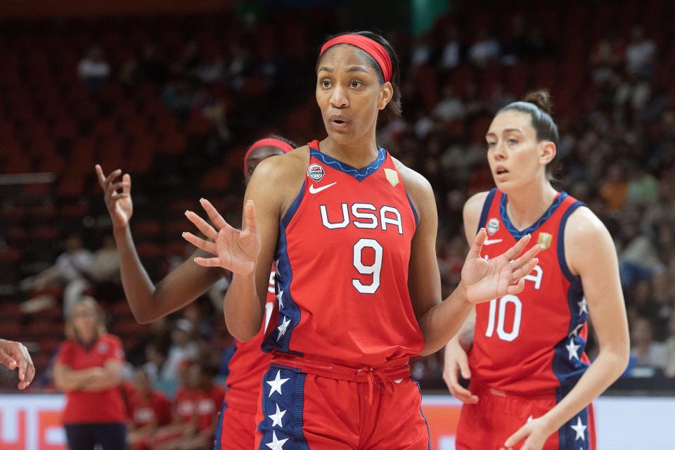 A'ja Wilson reacts during Team USA's big win over South Korea.