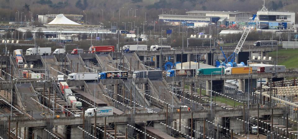 Lorries queue to board trains at Eurotunnel in Folkestone, Kent (Picture: PA)