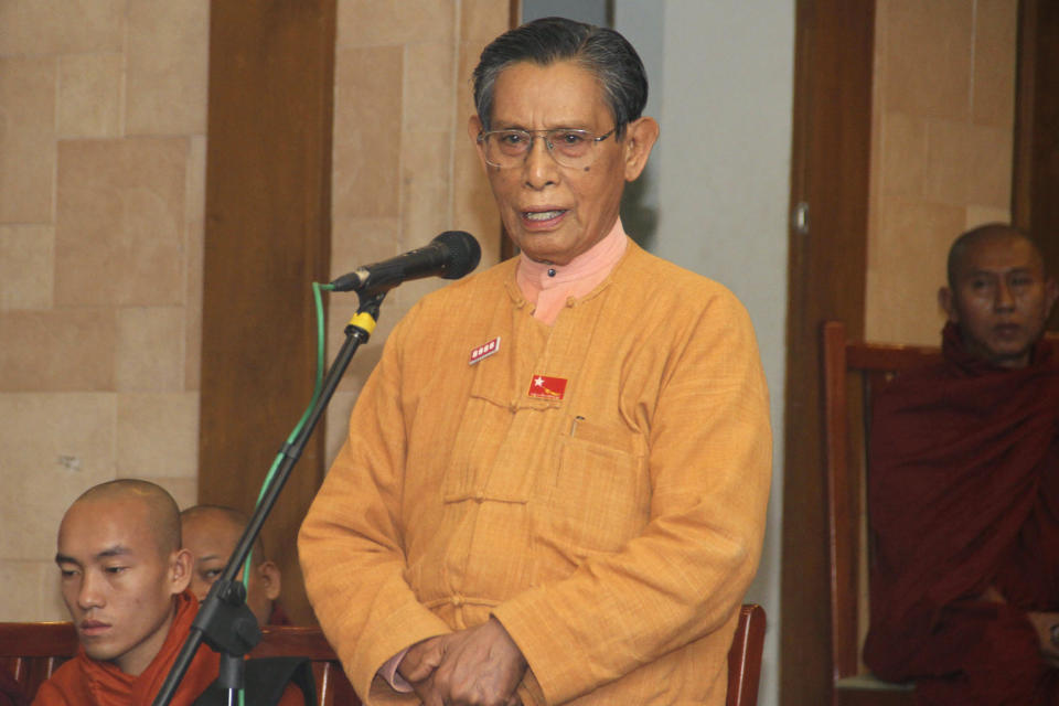 FILE - Tin Oo, patron of Myanmar opposition leader Aung San Suu Kyi's National League for Democracy party, speaks during a ceremony to mark the 24th anniversary of the Aug. 8, 1988, demonstrations, which triggered one of the country's bloodiest uprisings, in Yangon, Myanmar, Tuesday, Aug. 8, 2012. Tin Oo, one of the closest associates of Myanmar’s ousted leader Aung San Suu Kyi as well as a co-founder of her National League for Democracy party, has died. He was 97. Tin Oo died Saturday morning, June 1, 2024, at Yangon General Hospital, said Moh Khan, a charity worker citing a member of his family. (AP Photo/Khin Maung Win, File)