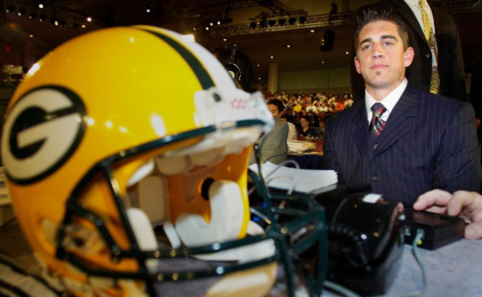 Cal quarterback Aaron Rodgers appears after being selected as the 24th pick overall in the 2005 NFL draft by the Green Bay Packers.