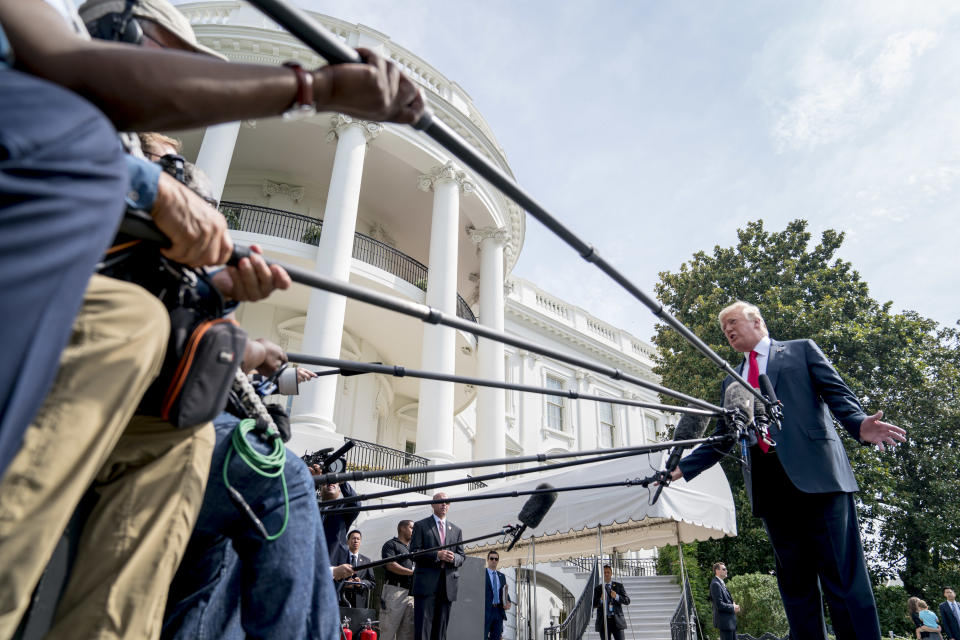 President Trump speaks to the media before boarding Marine One on the South Lawn at the White House on Aug. 17, 2018. (Photo: Andrew Harnik/AP)