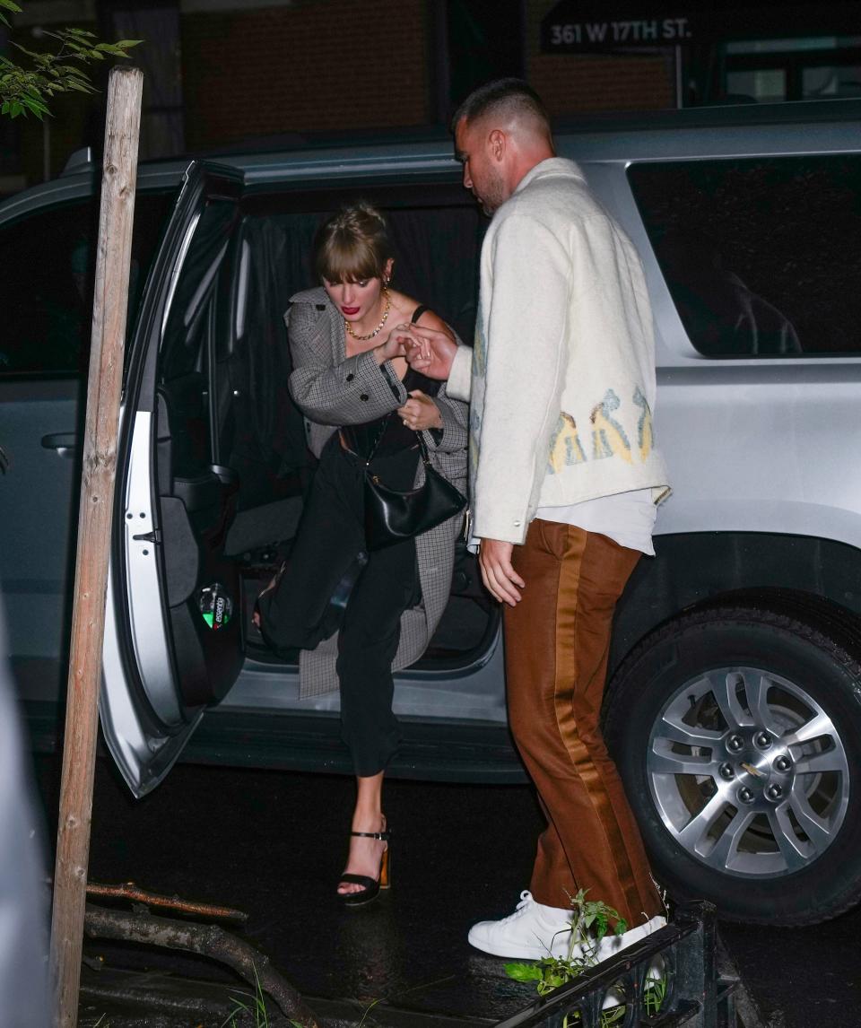 Travis Kelce and Taylor Swift arrive at “SNL” afterparty on Oct. 15, 2023, in New York City.