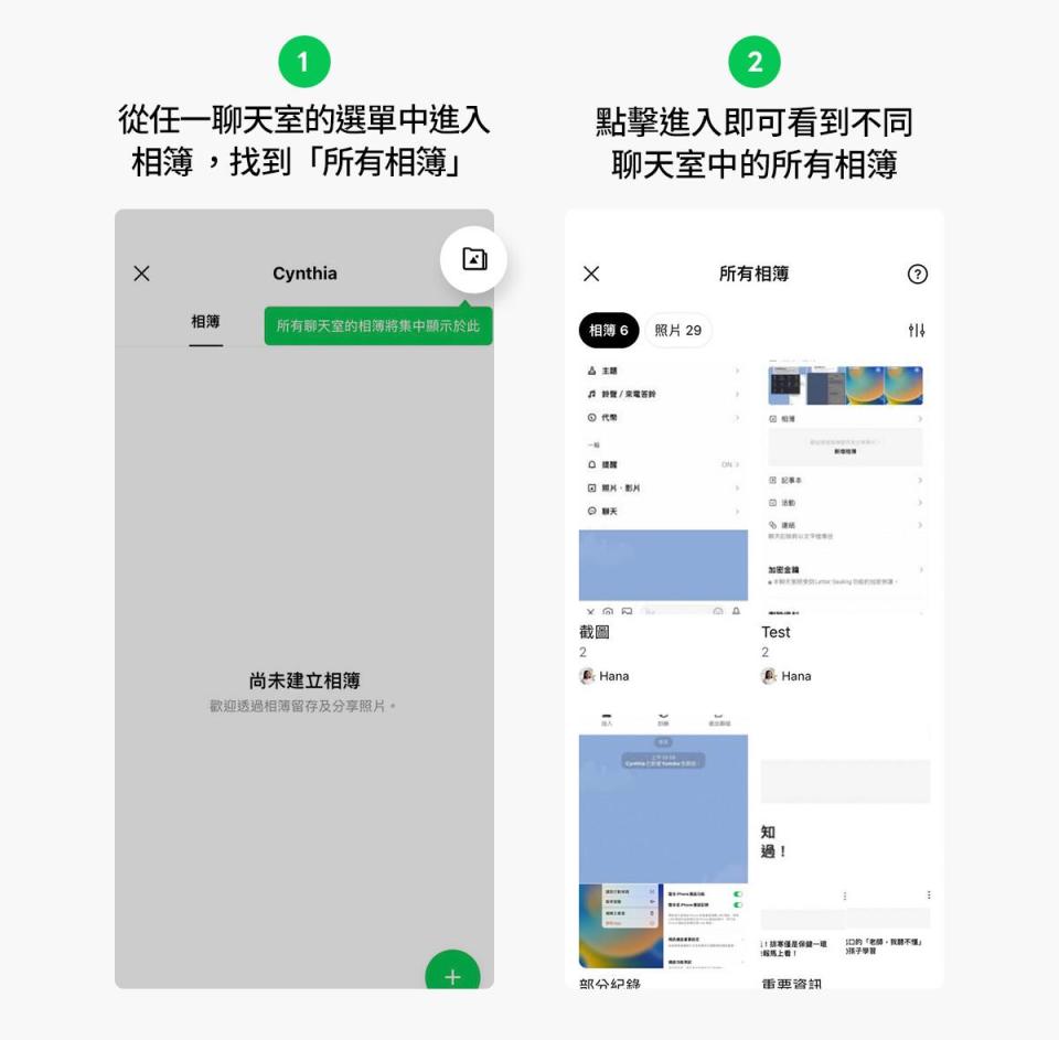 從聊天室選單中進入相簿，找到「所有相簿」圖示即可查看分散在多個聊天室中的相簿。（圖／翻攝自LINE官方部落格）