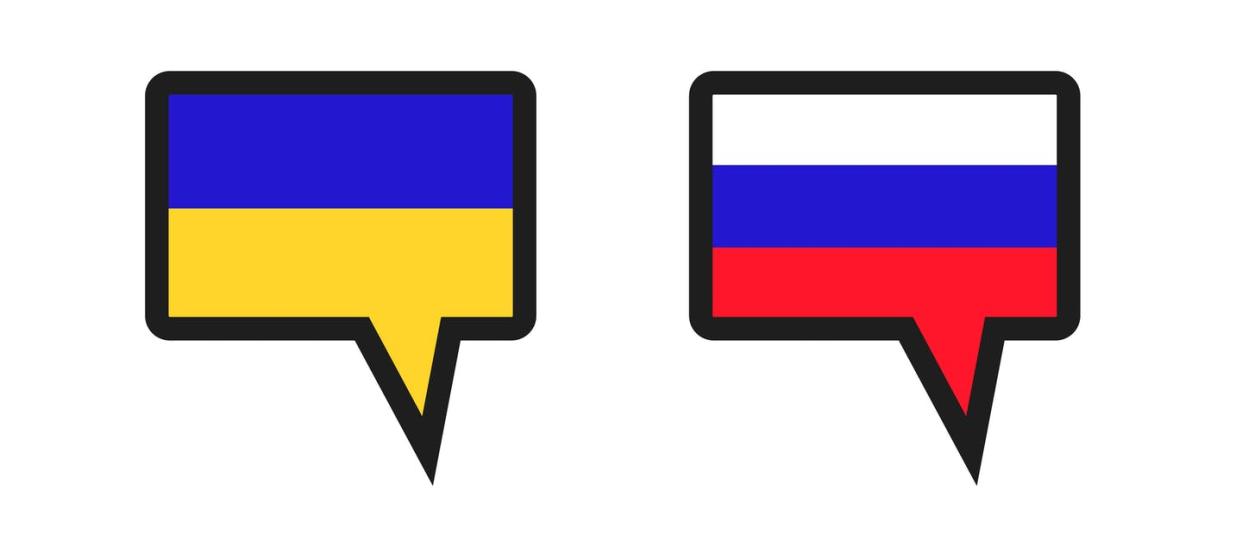 <span class="caption">Whether someone's speech is a language or a dialect is a matter of both linguistics and politics.</span> <span class="attribution"><a class="link " href="https://www.gettyimages.com/detail/illustration/ukrainian-and-russian-flags-in-the-shape-of-royalty-free-illustration/1384751297" rel="nofollow noopener" target="_blank" data-ylk="slk:illust-monster/iStock/Getty Images Plus;elm:context_link;itc:0;sec:content-canvas">illust-monster/iStock/Getty Images Plus</a></span>