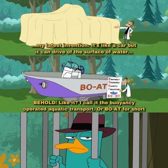 Agent P stands beside his "BO-AT," an aquatic transport, while Dr. Doofenshmirtz presents it from a distance