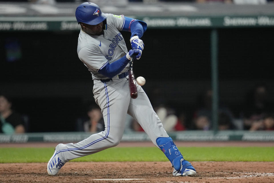 Toronto Blue Jays' Orelvis Martinez grounds out during the eighth inning of the team's baseball game against the Cleveland Guardians, Friday, June 21, 2024, in Cleveland. (AP Photo/Sue Ogrocki)