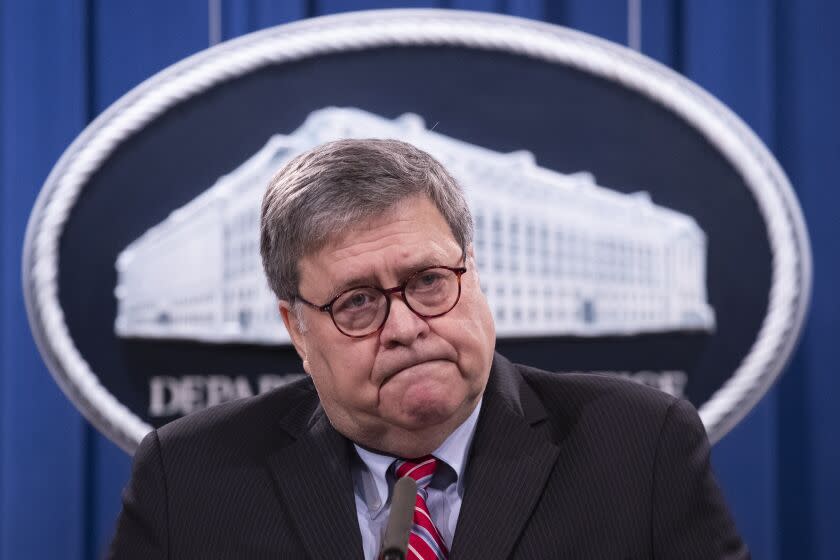 Attorney General William Barr speaks during a news conference, Monday, Dec. 21, 2020 at the Justice Department in Washington. (Michael Reynolds/Pool via AP)