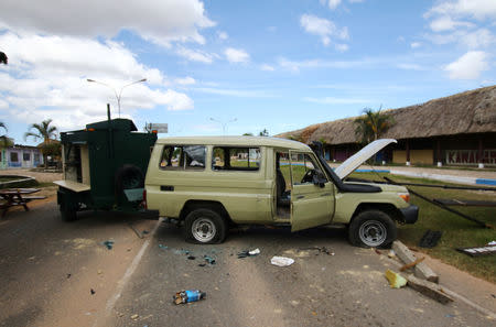 FILE PHOTO: A crashed car is seen at the scene where Venezuelan soldiers opened fire on indigenous people near the border with Brazil on Friday, according to community members, in Kumarakapay, Venezuela, February 22, 2019. REUTERS/William Urdaneta/File Photo
