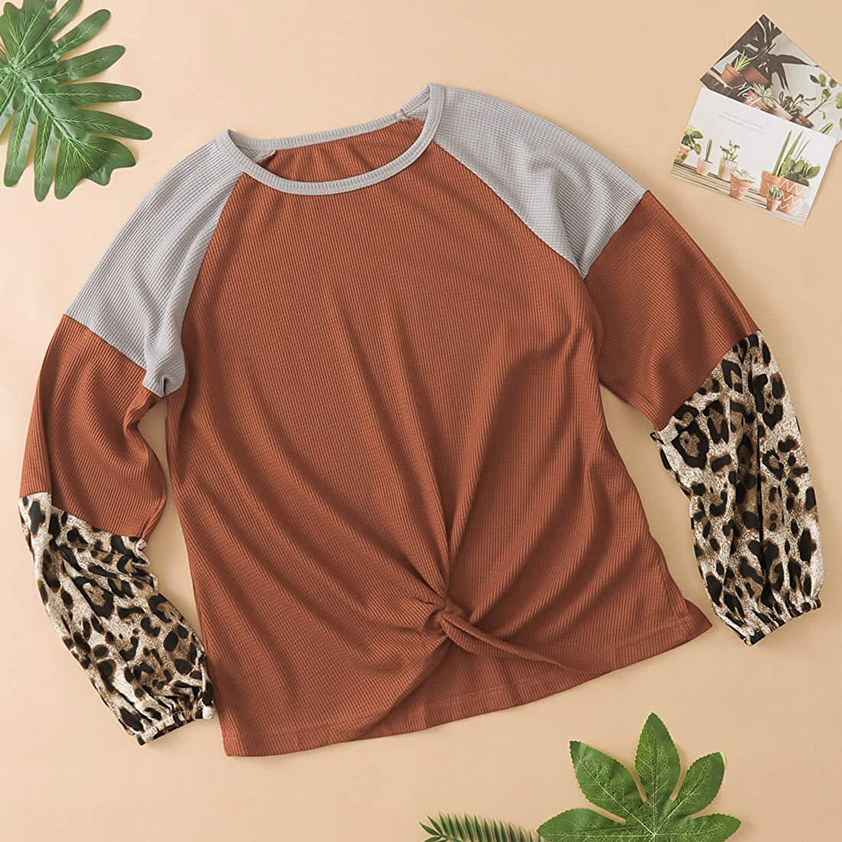 ROSKIKI Leopard Long-Sleeve Waffle Knit Orange Twist Knot Loose Shirt