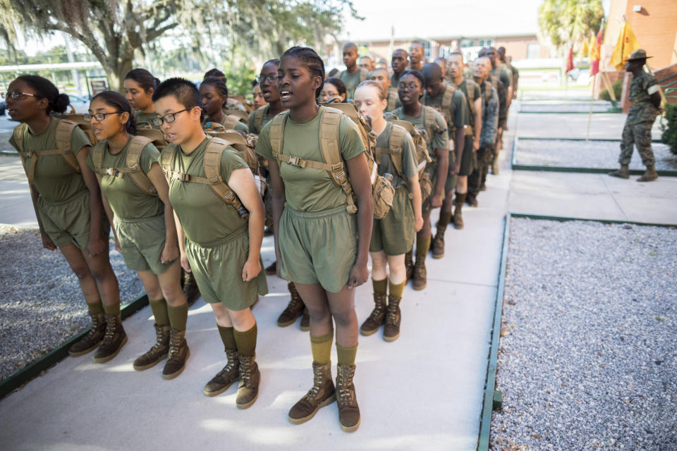 A detail of female U.S. Marine Corps recruits stand in platoon order outside the Marine Corps Recruit Depot pool after swim training, Wednesday, June 28, 2023, in Parris Island, S.C. (AP Photo/Stephen B. Morton)