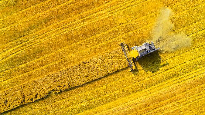 Aerial view of combine harvester.