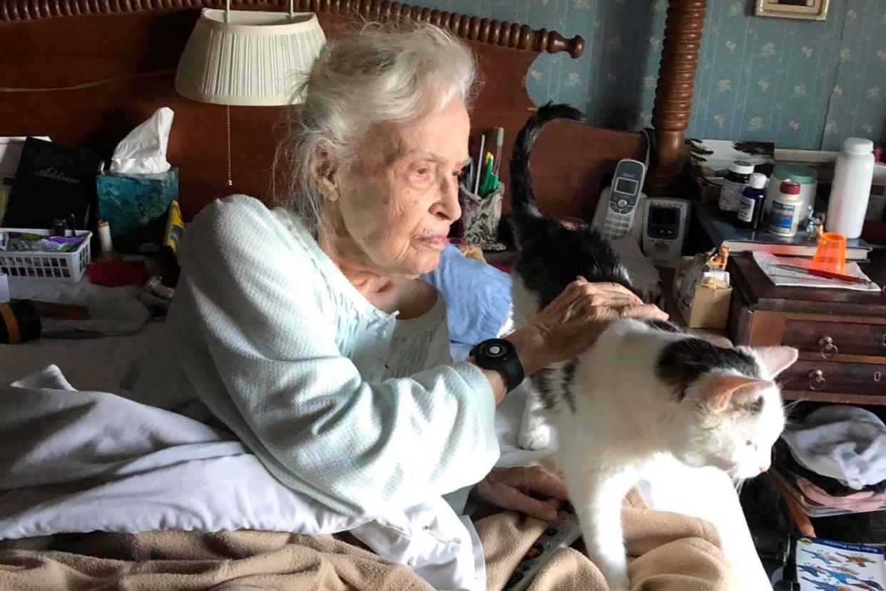 elderly woman holds her senior cat she just adopted