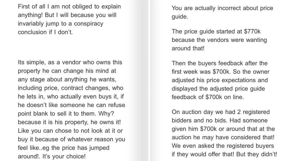 Screenshots of the Sydney real estate agent's response to a potential buyer.