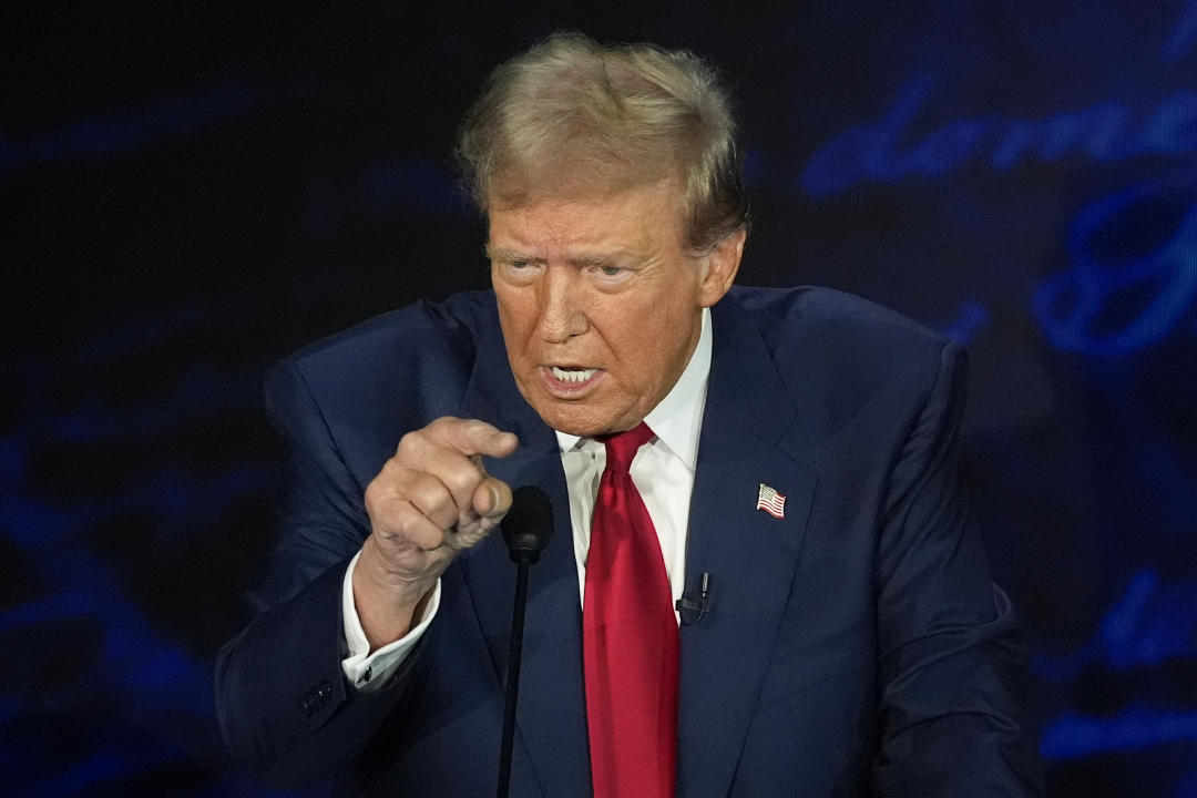 Republican presidential nominee former President Donald Trump speaks during a presidential debate with Democratic presidential nominee Vice President Kamala Harris at the National Constitution Center, Tuesday, Sept.10, 2024, in Philadelphia. (AP Photo/Alex Brandon)'