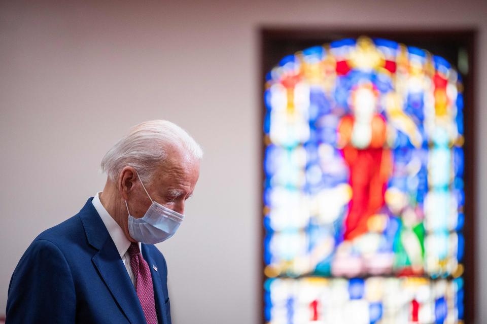 Former vice president and Democratic presidential candidate Joe Biden meets with clergy members and community activists during a visit to Bethel AME Church in Wilmington, Delaware on June 1, 2020. - Democratic presidential candidate Joe Biden visited the scene of an anti-racism protest in the state of Delaware on May 31, 2020, saying that the United States was "in pain". "We are a nation in pain right now, but we must not allow this pain to destroy us," Biden wrote in Twitter, posting a picture of him speaking with a black family at the cordoned-off site where a protesters had gathered on Saturday night. (Photo by JIM WATSON / AFP) (Photo by JIM WATSON/AFP via Getty Images)