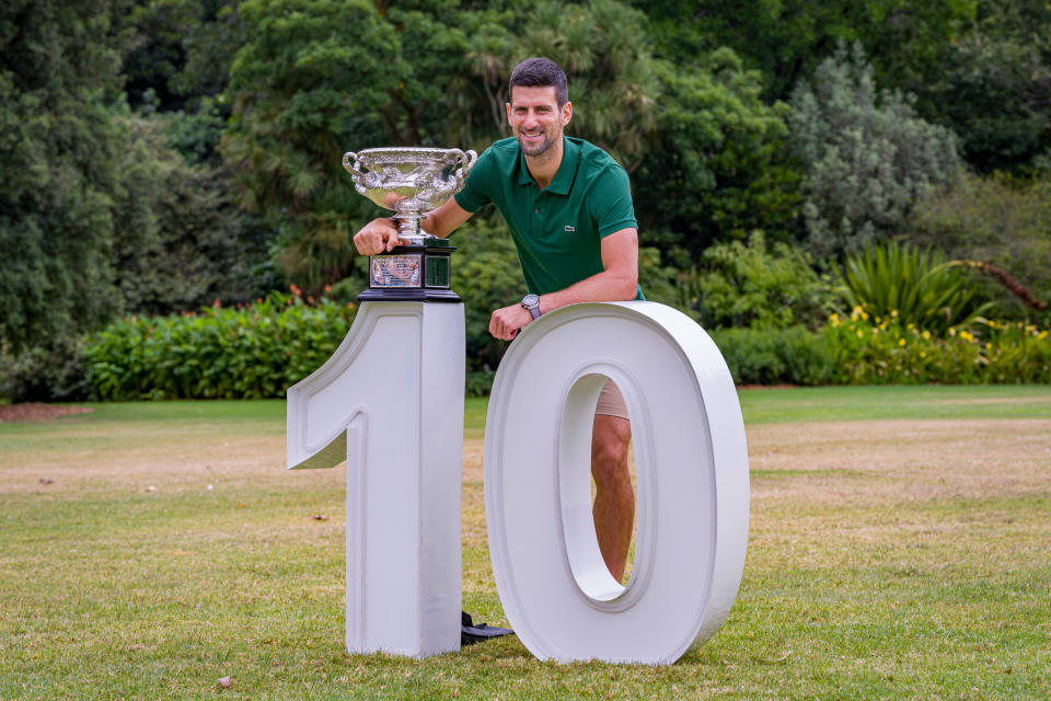 Novak Djokovic, pictured here celebrating after winning his 10th Australian Open title.