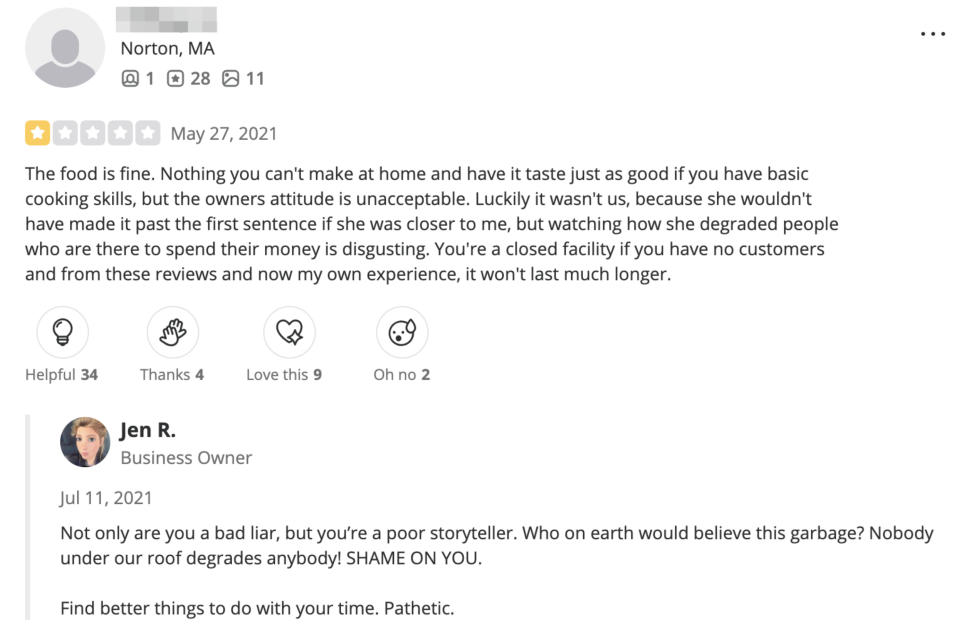 a one star review for Table that states the owner's attitude was "unacceptable" with a response from Jen calling the reviewer a liar