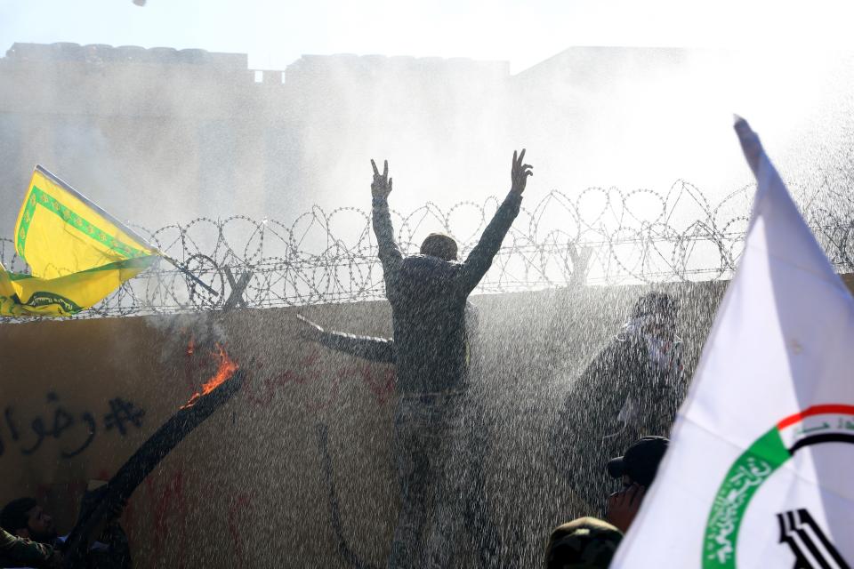 Outraged Iraqi protesters storm the U.S. Embassy in Baghdad, protesting Washington's attacks on armed battalions belong to Iranian-backed Hashd al-Shaabi forces on December 31, 2019. (Photo: Murtadha Sudani/Anadolu Agency via Getty Images)