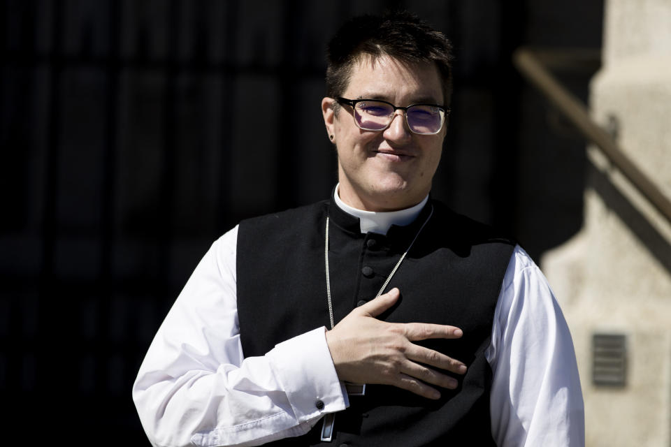 FILE - Bishop Megan Rohrer speaks to the press before their installation ceremony at Grace Cathedral in San Francisco, Saturday, Sept. 11, 2021. Rohrer, who resigned last June less than a year after his election as the first openly transgender bishop in the Evangelical Lutheran Church in America, filed a lawsuit, Wednesday, March 1, 2023, alleging gender discrimination and a hostile work environment. Rohrer resigned as bishop of the ELCA's Sierra Pacific Synod amid accusations of racism, after he fired the pastor of a predominantly Latino, congregation. (AP Photo/John Hefti, File)