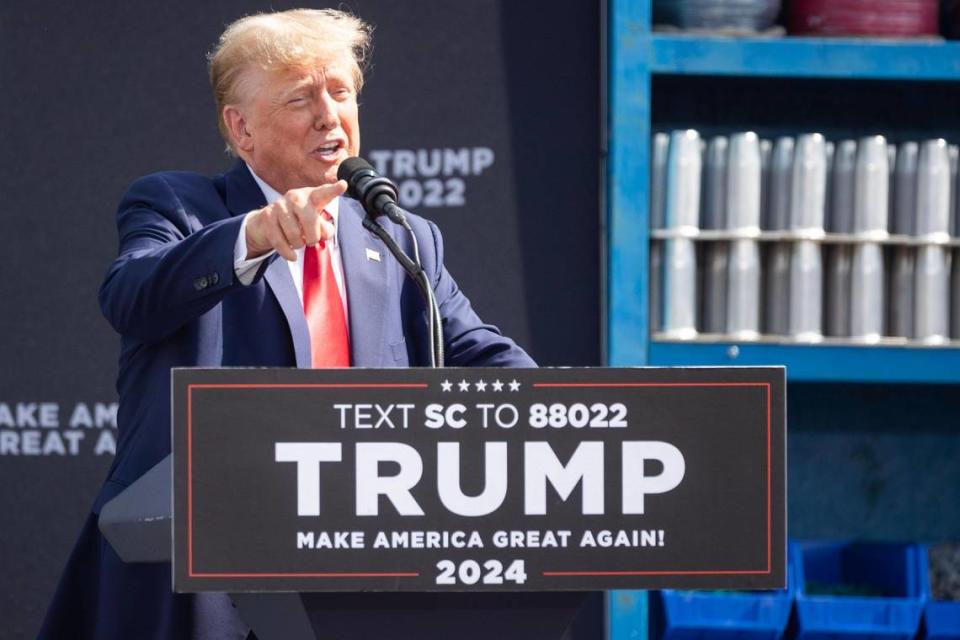 Former President Donald Trump holds a campaign event at the Sportsman Boats manufacturing plant in Summerville, South Carolina on Monday, September 25, 2023.