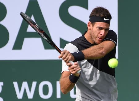 Mar 13, 2018; Indian Wells, CA, USA; Juan Martin Del Potro (ARG) during his third round match against David Ferrer (not pictured) in the BNP Paribas Open at the Indian Wells Tennis Garden. Jayne Kamin-Oncea-USA TODAY Sports