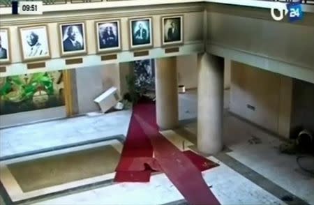 A still image from video of the fire damaged interior national assembly building in Libreville, Gabon, September 2, 2016. GABON 24 TV/Handout via Reuters