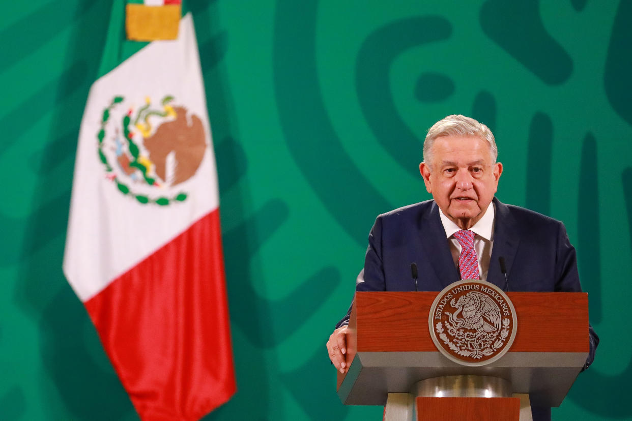 MEXICO CITY, MEXICO - FEBRUARY 08: Andres Manuel López Obrador, President of Mexico, speaks during a morning briefing at National Palace on February 08, 2021 in Mexico City, Mexico. (Photo by Manuel Velasquez/Getty Images)