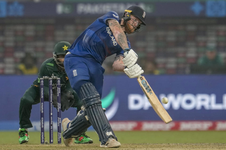 England's Ben Stokes plays a shot during the ICC Men's Cricket World Cup match between Pakistan and England in Kolkata, India, Saturday, Nov. 11, 2023. (AP Photo/Altaf Qadri)