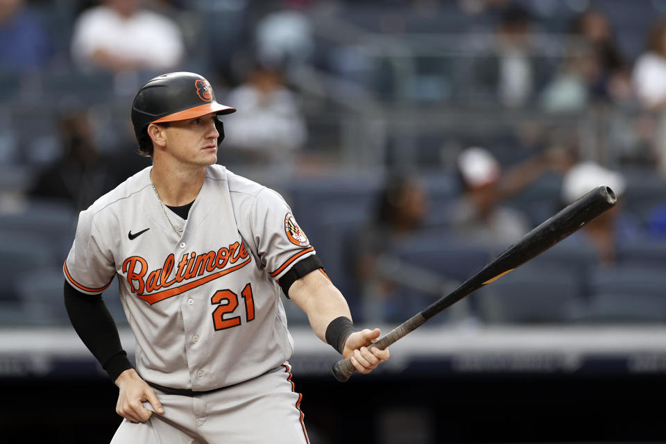 NEW YORK, NY - AUGUST 4: Austin Hays #21 of the Baltimore Orioles at bat against the New York Yankees during the first inning at Yankee Stadium on August 4, 2021 in New York City. (Photo by Adam Hunger/Getty Images)