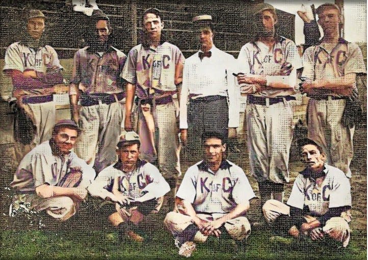 The 1908 Kewanee Knights of Columbus ball club, with three Van Coutren brothers: Leo (front, first from left), "Pug" (front, third from left) and Pete (back, third from left).