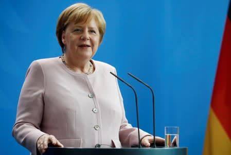 German Chancellor Merkel and Ukrainian President Zelenskiy at the Chancellery in Berlin