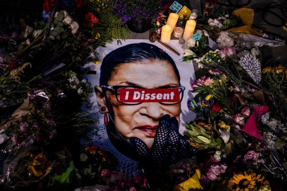 A makeshift memorial for Supreme Court Justice Ruth Bader Ginsburg in front of the US Supreme Court on September 19, 2020 in Washington, DC.