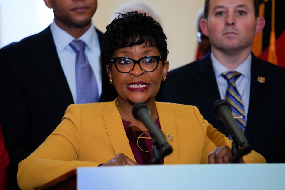 Maryland House Speaker Adrienne Jones speaks during a news conference at the State House, Feb. 9, 2023, in Annapolis, Maryland.