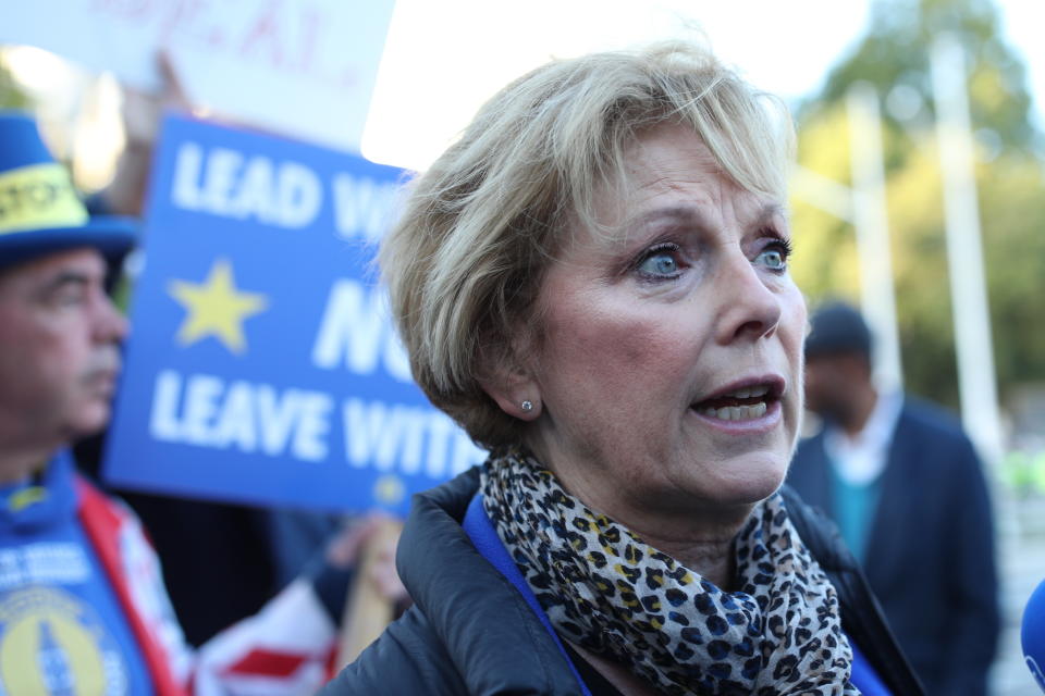 MP Anna Soubry outside the Houses of Parliament in London ahead of Prime Minister Boris Johnson delivering a statement in the House of Commons on his new Brexit deal after the EU Council summit, on what has been dubbed "Super Saturday".