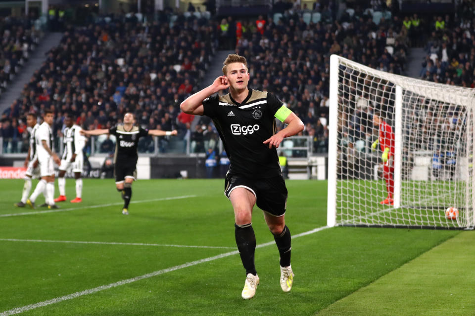 Matthijs de Ligt of Ajax celebrates after scoring against Juventus. (Credit: Getty Images) 